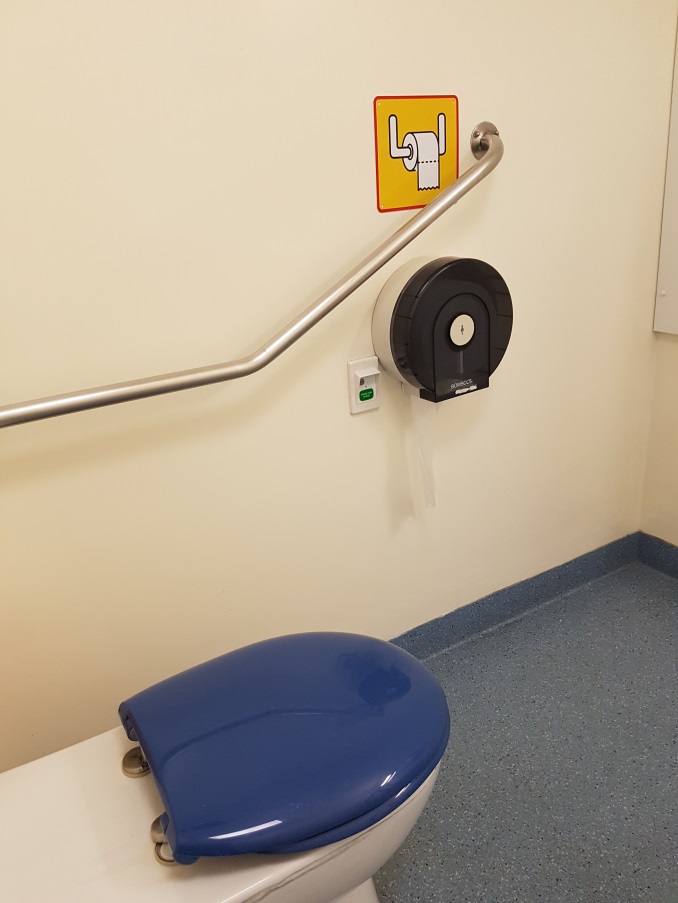 Hospital bathroom with blue toilet seat